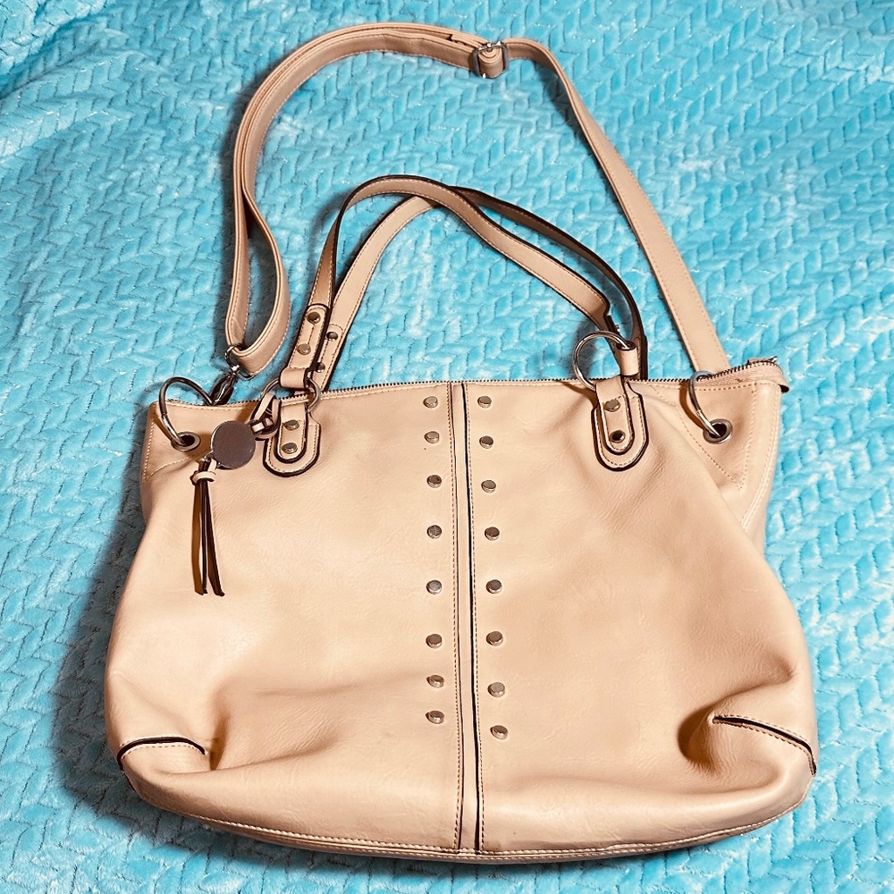 Nicole Miller New York Beige Studded Tote Shoulder Bag Crossbody Chic Boho Large - Picture 1 of 15